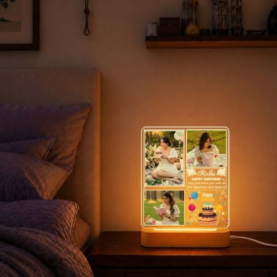 Personalized Photo Night Light with Wooden Base – Custom 3-Photo Acrylic LED Lamp with Name Birthday Gift for Her, Wife, Girlfriend, Daughter, Best Friend